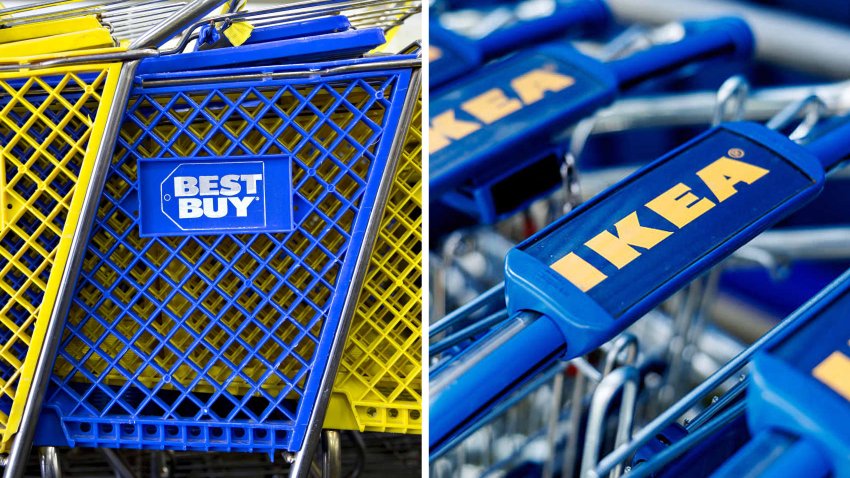 The logo of Best Buy and Ikea on shopping carts.