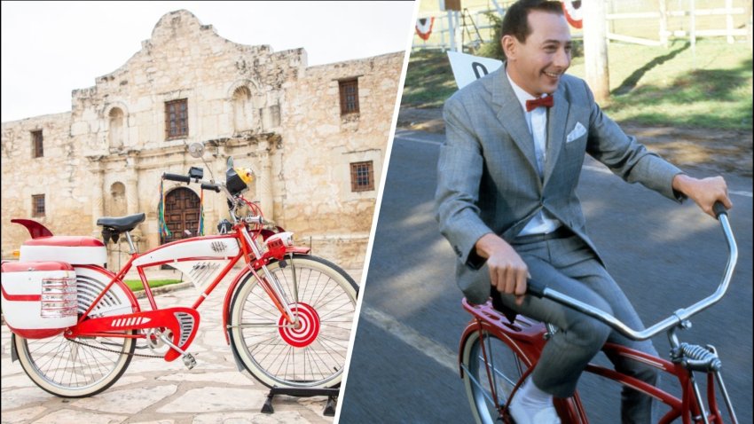 Split of The Alamo with red bike and Pee-wee Herman on a bike