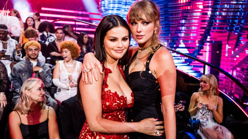 File. (L-R) Selena Gomez and Taylor Swift attend the 2023 Video Music Awards at Prudential Center on September 12, 2023 in Newark, New Jersey.