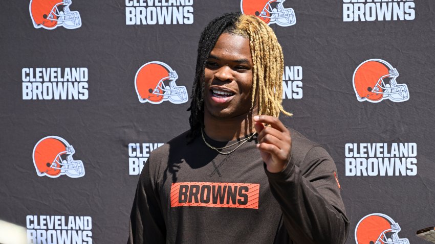 BEREA, OHIO – MAY 09: Quinshon Judkins #10 of the Cleveland Browns answers questions from the media during a press conference prior to rookie minicamp at CrossCountry Mortgage Campus on May 09, 2025 in Berea, Ohio. (Photo by Nick Cammett/Getty Images)