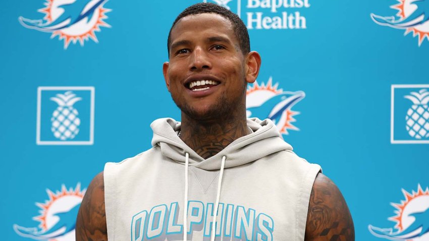 MIAMI GARDENS, FLORIDA – JULY 22: Darren Waller #83 of the Miami Dolphins speaks to the media during Miami Dolphins Training Camp at Baptist Health Training Complex on July 22, 2025 in Miami Gardens, Florida. (Photo by Megan Briggs/Getty Images)