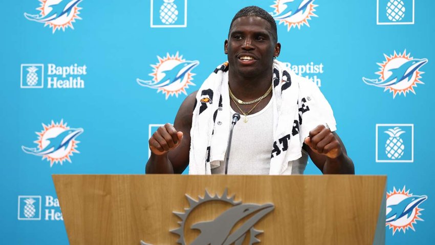 MIAMI GARDENS, FLORIDA – JULY 22: Tyreek Hill #10 of the Miami Dolphins speaks to the media during Miami Dolphins Training Camp at Baptist Health Training Complex on July 22, 2025 in Miami Gardens, Florida. (Photo by Megan Briggs/Getty Images)