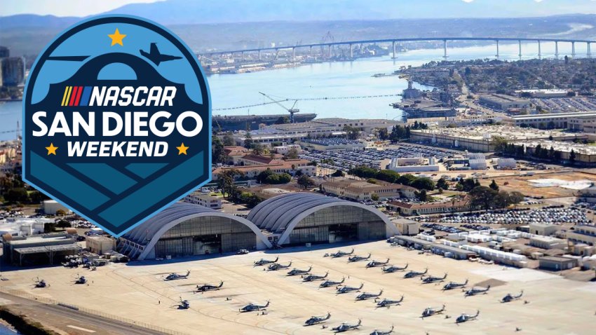 Aerial view of Naval Base Coronado with the NASCAR San Diego logo.
