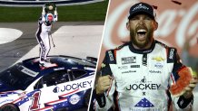 Ross Chastain célèbre sa victoire en écrasant une pastèque sur l'asphalte.