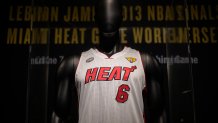 LeBron James game-worn jersey from the athletes NBA finals game 7 victory over the Miami Heat in 2013, is on display during a press preview at Sotheby's auction House on January 20, 2023, in New York City. (Photo by ANGELA WEISS / AFP) (Photo by ANGELA WEISS/AFP via Getty Images)