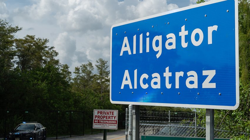 EVERGLADES, FLORIDA – AUGUST 24:  Sign for “Alligator Alcatraz” at the entrance to the detention center in the Everglades, Florida, United States, on August 24, 2025. (Photo by Jesus Olarte/Anadolu via Getty Images)