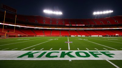 A general overall interior view of GEHA Field at Arrowhead Stadium with the sideline painted with the kickoff