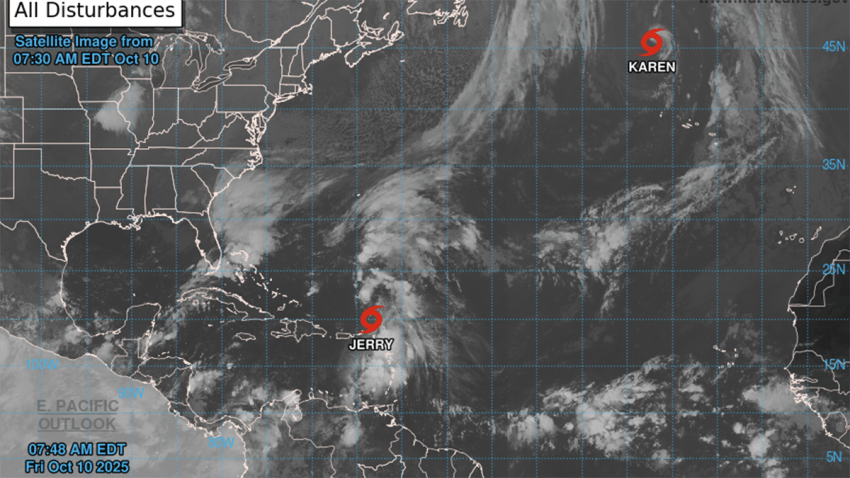 Tropical Storm Jerry and Subtropical Storm Karen on Oct. 10, 2025.