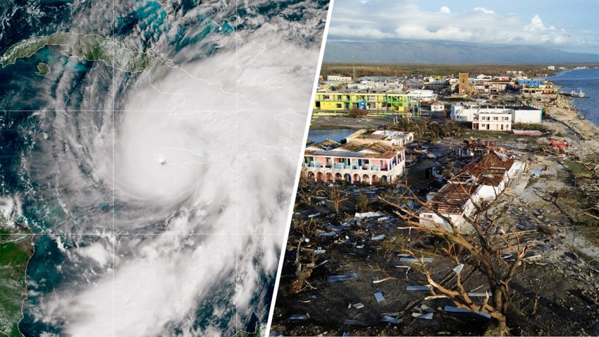 An aerial view shows destroyed buildings following the passage of Hurricane Melissa, in Black River, St. Elizabeth, Jamaica on October 29, 2025. Hurricane Melissa bore down on the Bahamas October 29 after cutting a path of destruction through the Caribbean, leaving 30 people dead or missing in Haiti and parts of Jamaica and Cuba in ruins. Somewhat weakened but still threatening, Melissa will bring damaging winds and flooding rains to the Bahamas Wednesday before moving on to Bermuda late Thursday, according to the US National Hurricane Center (NHC). (Photo by Ricardo Makyn / AFP) (Photo by RICARDO MAKYN/AFP via Getty Images)
