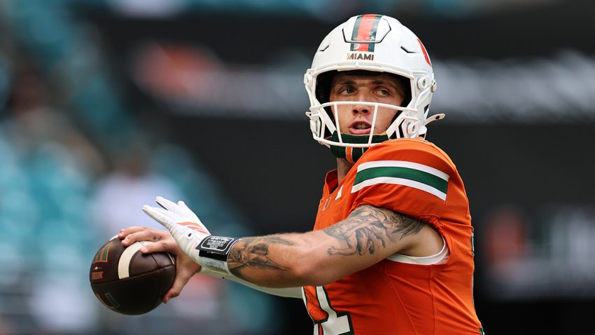 MIAMI GARDENS, FLORIDA – SEPTEMBER 13: Carson Beck #11 of the Miami Hurricanes  warms up prior to facing the South Florida Bulls at Hard Rock Stadium on September 13, 2025 in Miami Gardens, Florida. (Photo by Carmen Mandato/Getty Images)