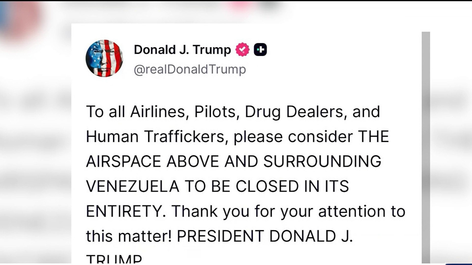 sk　「僕の夢はカーボーイ」　「TRUMP」　「Newspaper」 Trump: Venezuelan airspace must be considered 'closed in its