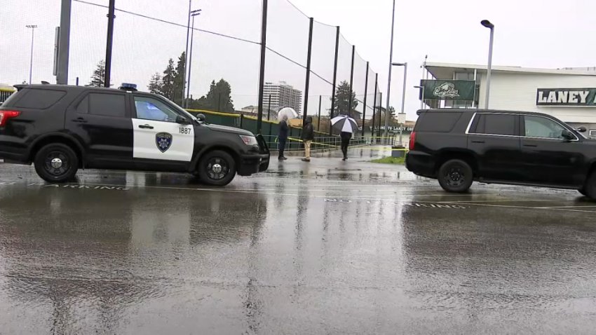 Police investigate a shooting at Laney College in Oakland.