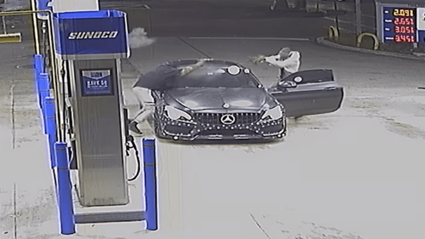 Shocking surveillance video shows the moment gunfire erupted at a Miramar gas station Tuesday night, leaving one man dead and two other people including an innocent bystander injured.