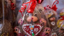 The sale of amaranth bears with chocolate occurs in Mexico City, Mexico, on February 13, 2025. (Photo by Gerardo Vieyra/NurPhoto via Getty Images)