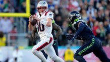 Patriots quarterback Drake Maye runs