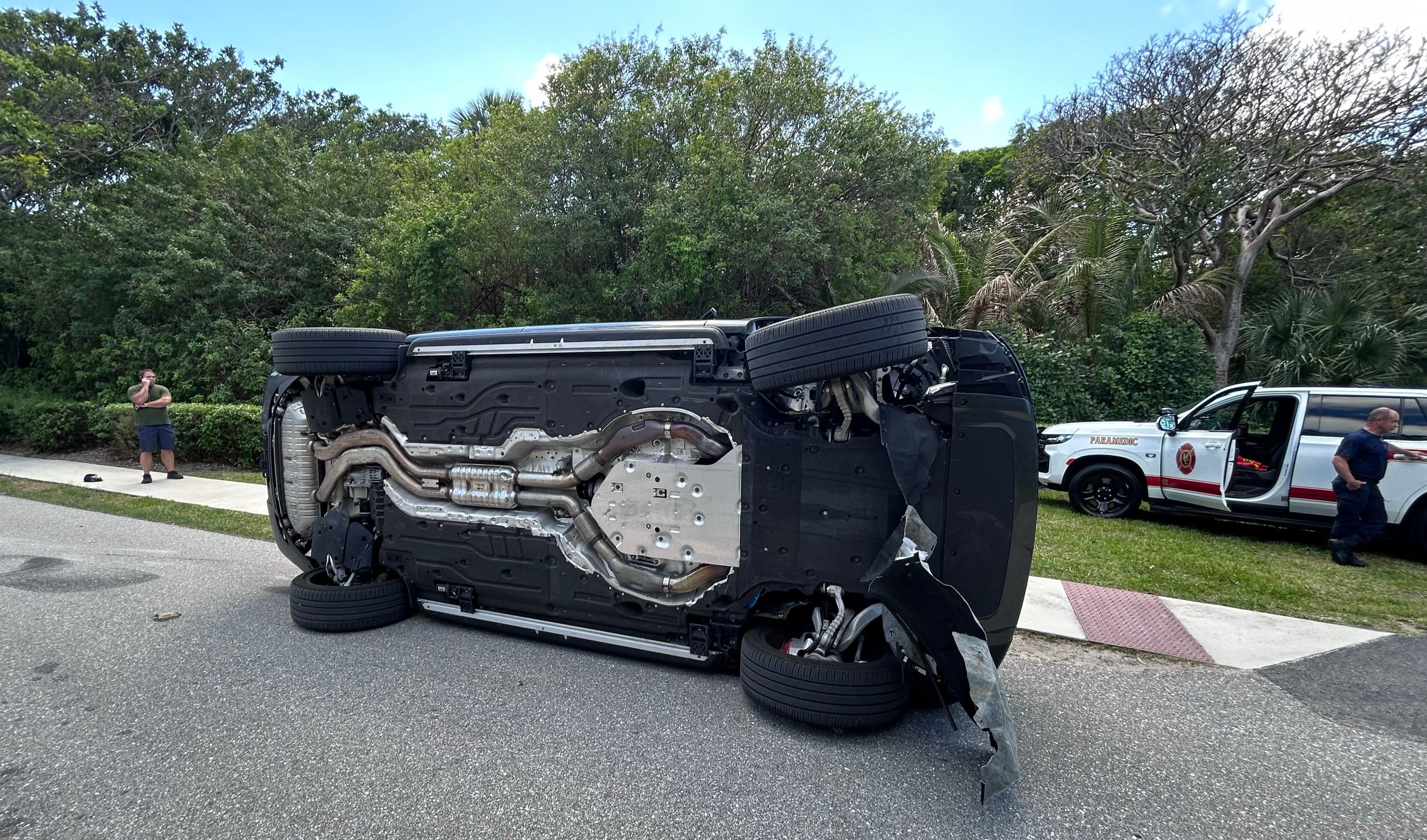 Overturned vehicle in the crash involving Tiger Woods.