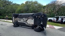 Overturned vehicle in a rollover crash which involved Tiger Woods in Jupiter Island, Fla., on Friday, March 27, 2026. 