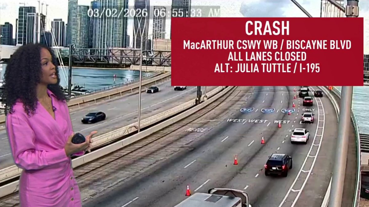 All westbound lanes on the MacArthur Causeway were shut down Monday morning at Biscayne Boulevard due to a crash, authorities said.