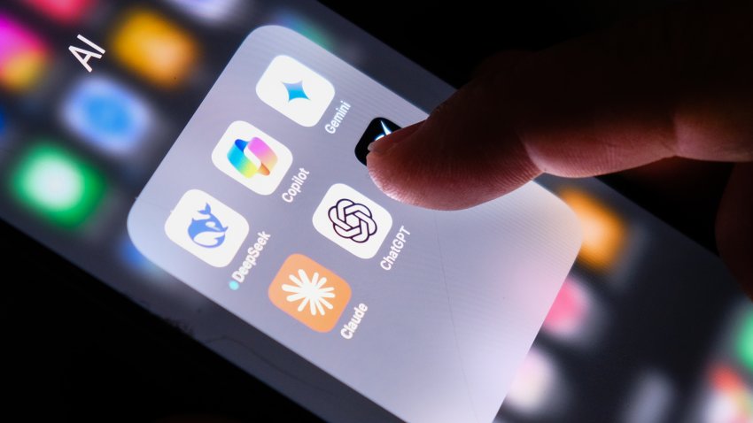 Apple iPhone screen with Artificial Intelligence icons internet AI app application ChatGPT, DeepSeek, Gemini, Copilot, Grok, Claude, etc.