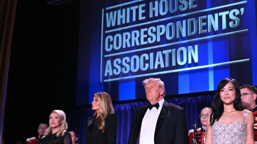 White House press secretary Karoline Leavitt, first lady Melania Trump, President Donald Trump and CBS News senior White House correspondent Weijia Jiang attend the White House Correspondents’ dinner at the Washington Hilton in Washington, D.C., on April 25, 2026.