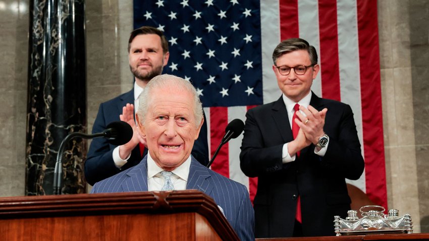 Vice President J.D. Vance and ouse Speaker Mike Johnson applaud during King Charles III’s joint address to Congress in the House Chamber at the U.S. Capitol. The long-planned event is intended to mark the 250th anniversary of the U.S.’s independence from Britain, though its diplomatic mission has taken on new urgency amid Trump’s recent feud with Prime Minister Keir Starmer over the U.K.’s limited support for U.S. military action against Iran. (Photo: Kylie Cooper / Reuters / Bloomberg via Getty Images)