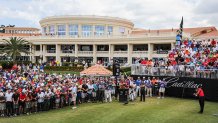 DORAL, FL - MARCH 9:  Fans watch as Tiger Woods tees off on the first hole during the final round of the World Golf Championships-Cadillac Championship at Blue Monster, Trump National Doral, on March 9, 2014 in Doral, Florida. (Photo by Stan Badz/PGA TOUR)