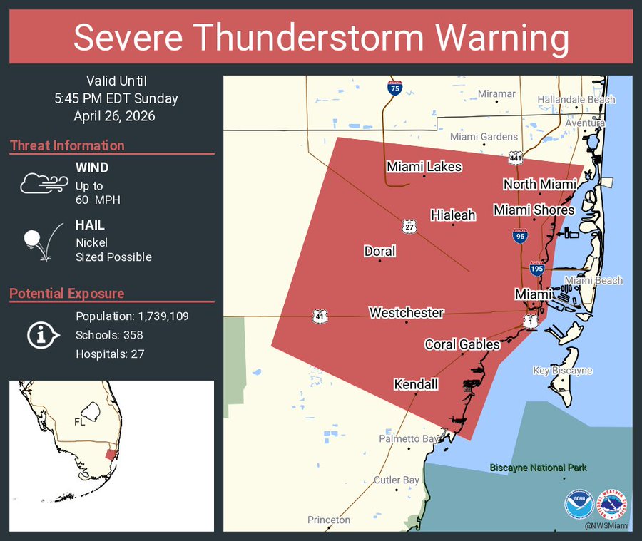 Sever thunderstorm warning issued for parts of Miami-Dade and Broward, NWS says