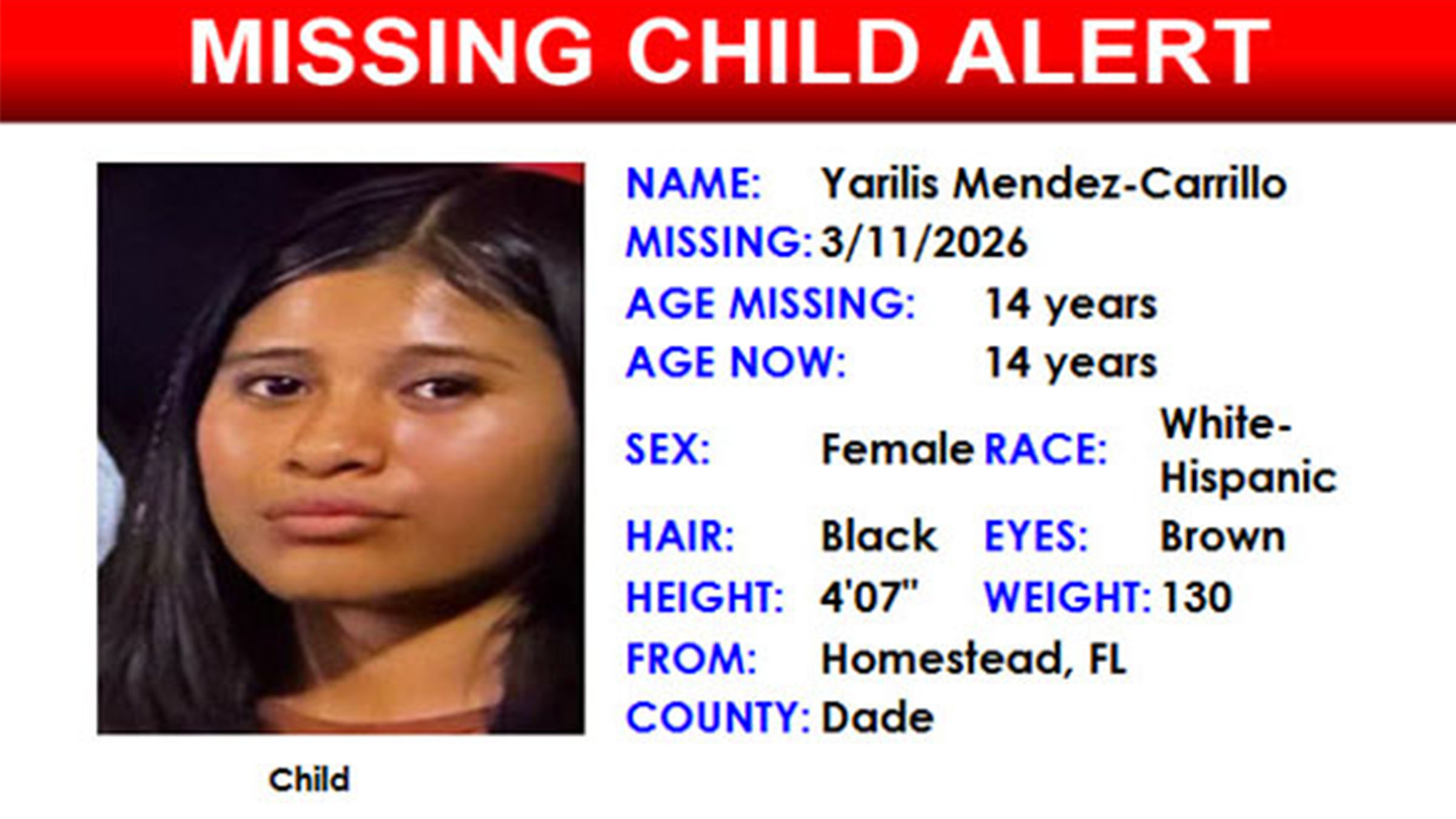 Florida missing child alert issued for 14-year-old last seen Homestead in March