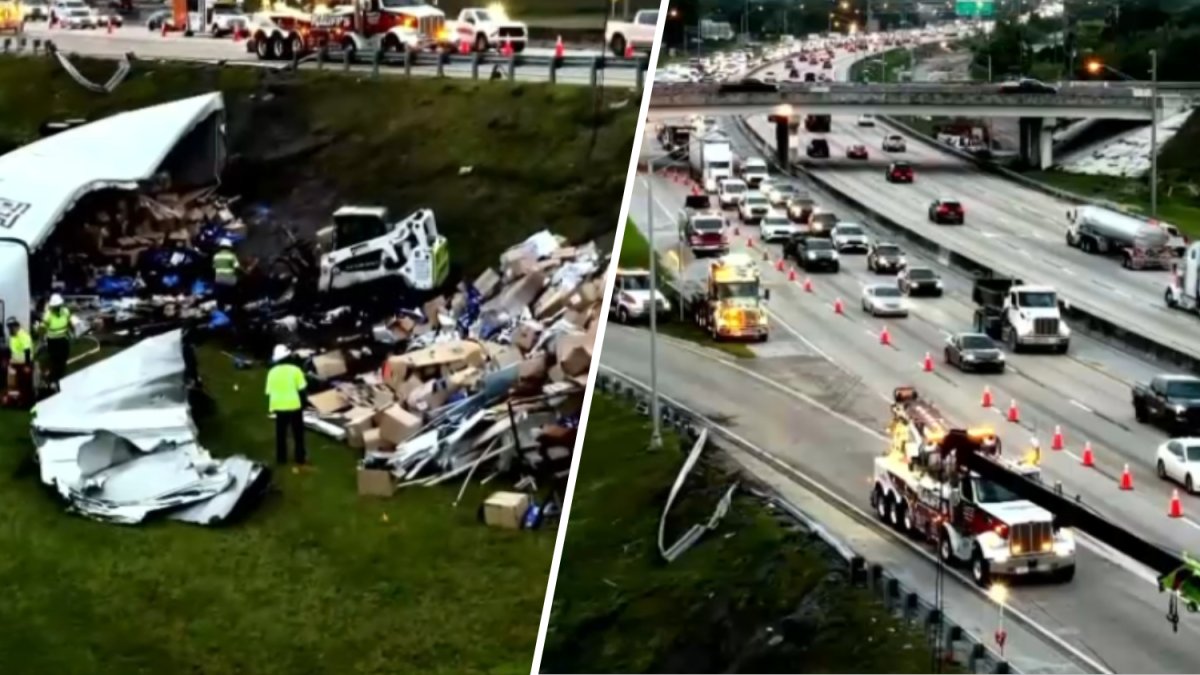 Truck rollover crash blocks lanes on Florida's Turnpike in Broward