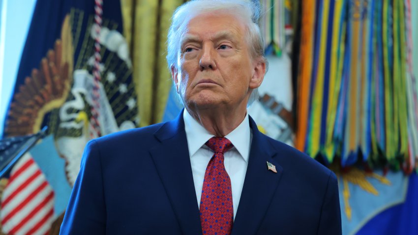 WASHINGTON, DC – DECEMBER 15: U.S. President Donald Trump listens during a ceremony for the presentation of the Mexican Border Defense Medal in the Oval Office of the White House on December 15, 2025 in Washington, DC. During the ceremony, Trump recognized the first 13 service members to receive the recently established Mexican Border Defense Medal (MBDM), which recognizes service members supporting Customs and Border Protection on the U.S.-Mexico border. (Photo by