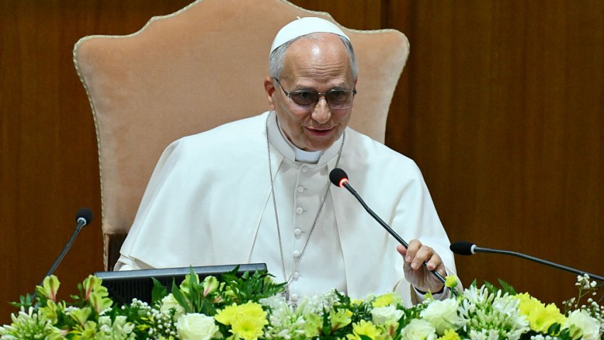 Pope Leo XIV attends the presentation of his first Encyclical Letter “Magnifica Humanitas” focused on the rise of artificial intelligence, in The Vatican on May 25, 2026. (Photo by Alberto PIZZOLI / AFP via Getty Images)