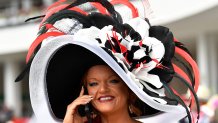 Polly Owens of Harrodsburg, Ky., shows her derby style near the paddock at Churchill Downs, Saturday, May 2, 2026 in Louisville Ky.