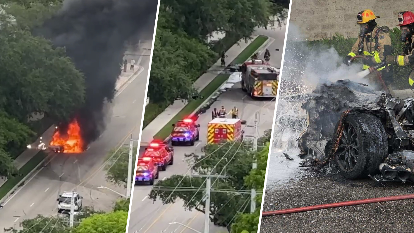 Car bursts into flames after hitting tree in Fort Lauderdale; 2 injured, fire rescue says