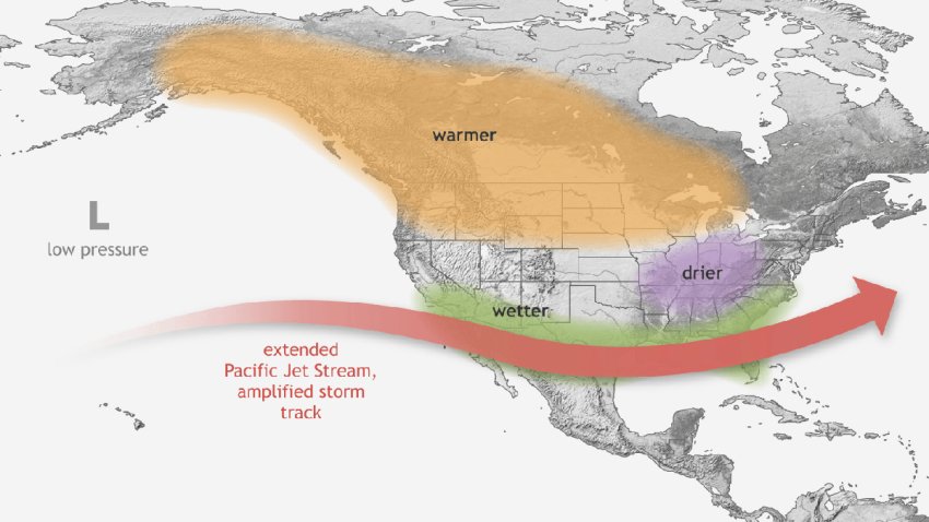 A map of the U.S., Canada, and Central and part of South America showing the affects of El Nino during winter in the Northern Hemisphere. (Image credit: NOAA)