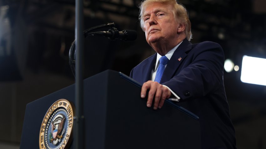 GARDEN CITY, NEW YORK – AUGUST 14: U.S. President Donald Trump pauses while delivering remarks at the David S. Mack Center for Training and Intelligence on August 14, 2026 in Garden City, New York. President Trump visited the police academy to highlight the FBI’s 2025 Crime Statistics Report and rally support for local Republican candidates ahead of the upcoming midterm elections. (Photo by Samuel Corum/Getty Images)