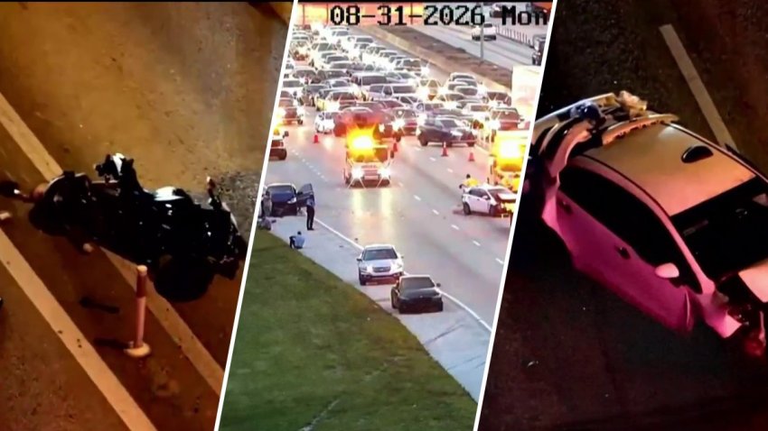 Aerial video of the scene captured a motorcycle in the roadway, and a car with heavy damage.