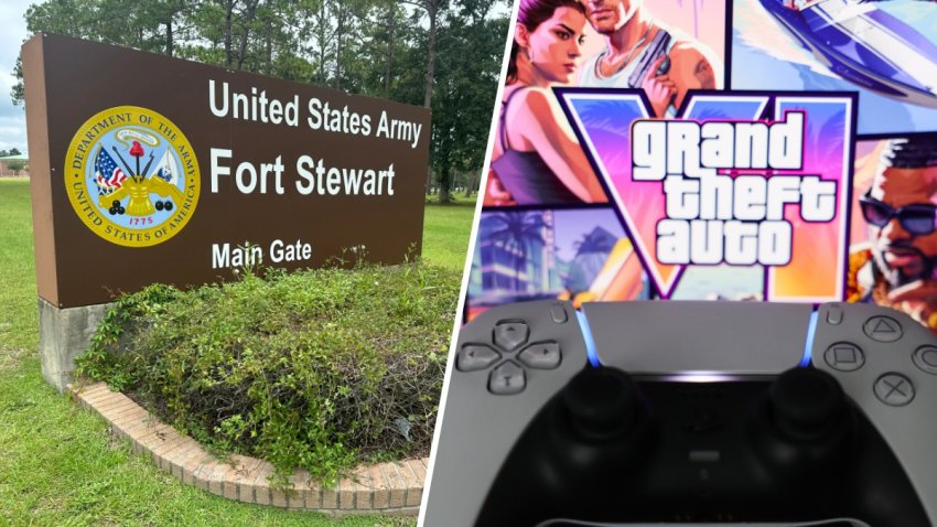 A split image of a sign at Fort Stewart Georgia and a video game controller in front of a screen displaying "Grand Theft Auto VI."