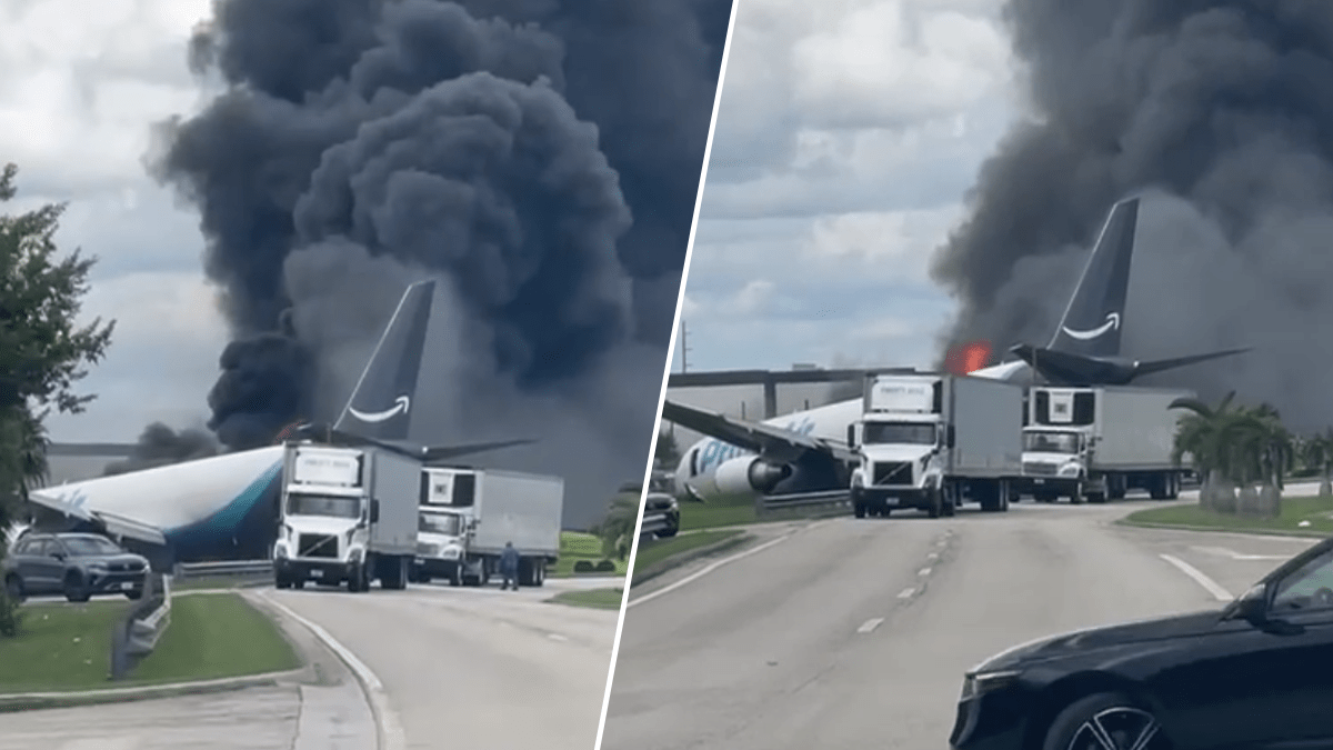 Video appears to show crashed Amazon plane on runway at MIA
