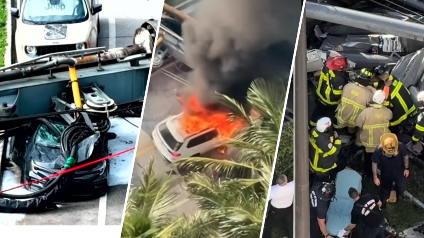 A driver and three workers were taken to the hospital after construction equipment collapsed onto multiple cars and a construction box in Brickell Monday morning, fire rescue officials said.