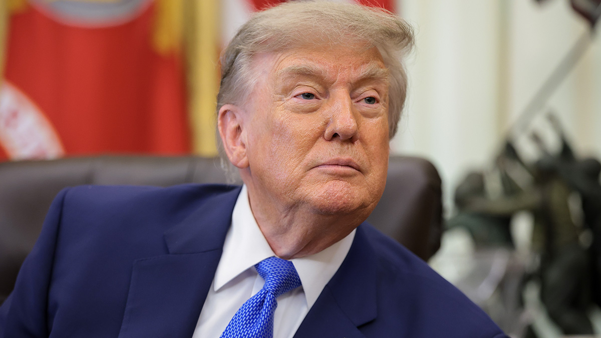 File - President Donald Trump takes questions from reporters in the Oval Office of the White House on Aug. 10, 2026.