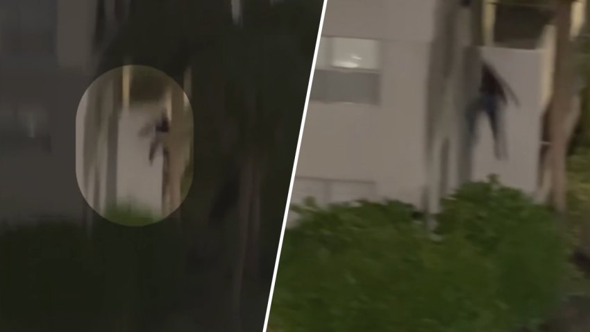 Cellphone video showed two people jumping out of a window after a police said a person was shot at a North Miami apartment building on Sunday.