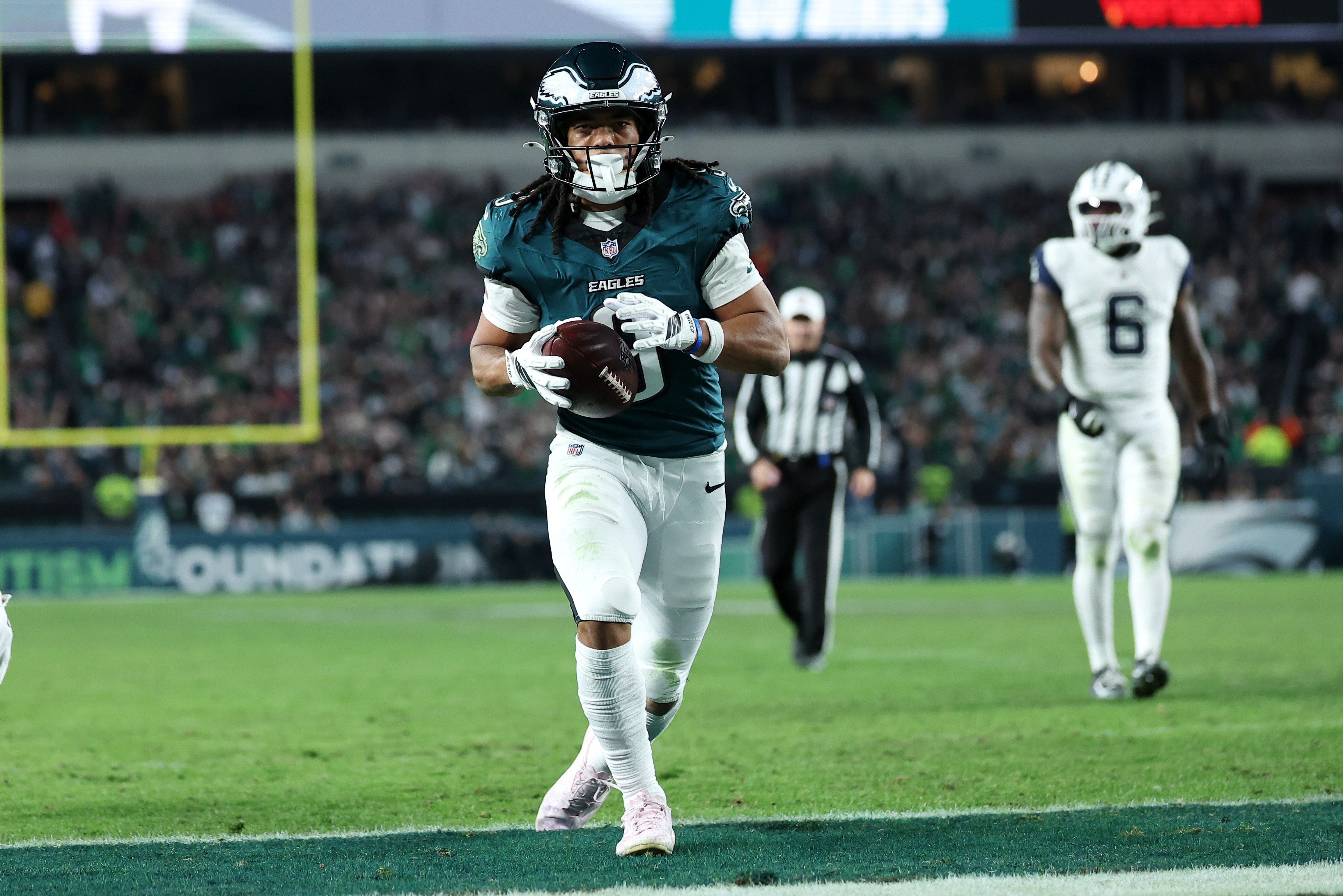 Oct 26, 2026; Philadelphia, Pennsylvania, USA;  Philadelphia Eagles wide receiver Makai Lemon (9) celebrates after scoring a touchdown during the third quarter against the Dallas Cowboys at Lincoln Financial Field.  Mandatory Credit: Bill Streicher-Imagn Images